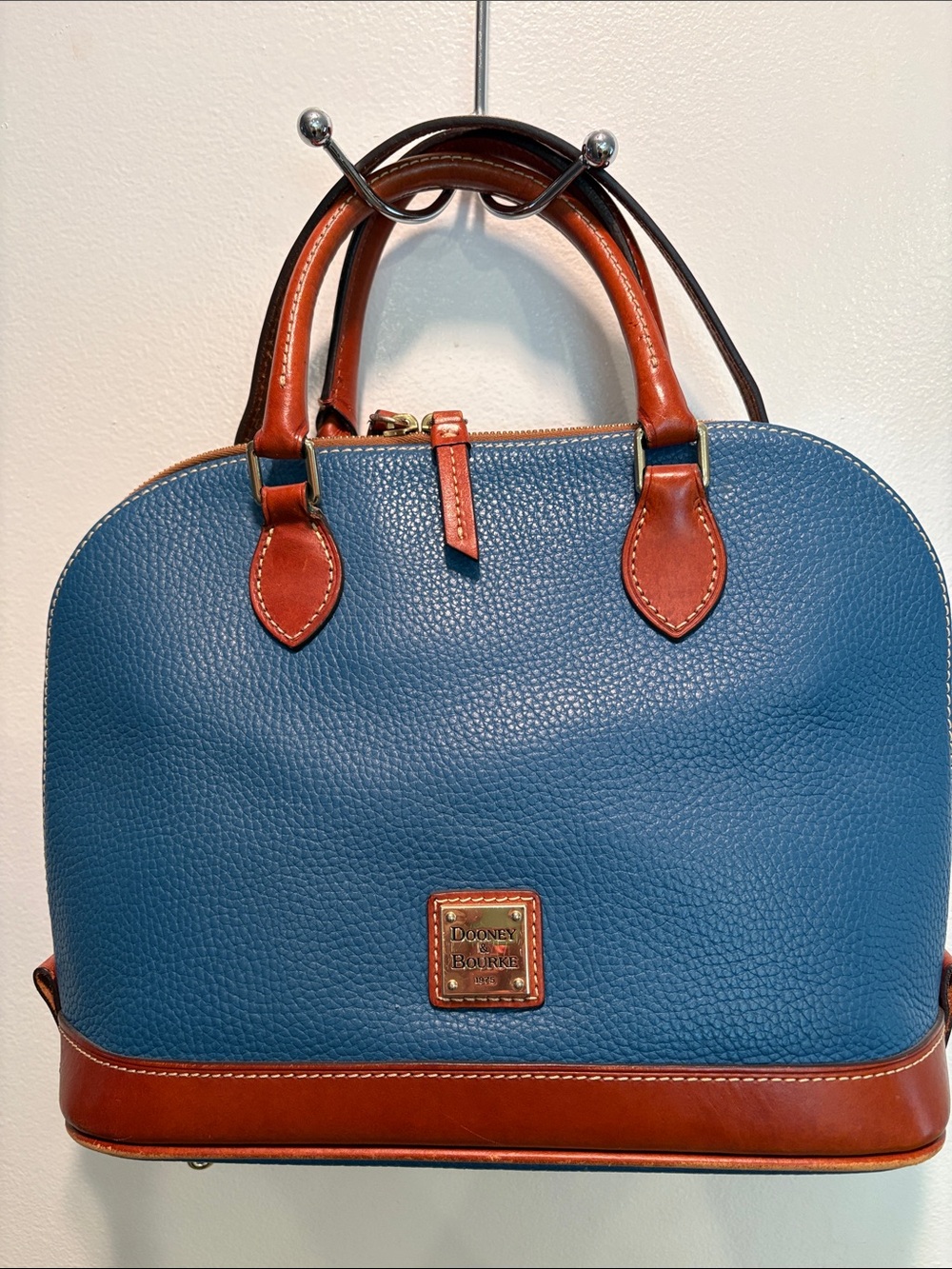 Dooney & Bourke Blue Leather Satchel with Brown Trim